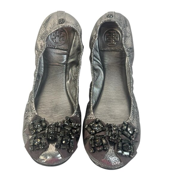 TORY BURCH AZALEA Black Crystal Bow Scrunch Flat Ballet Slats 10M pewter - Picture 1 of 8
